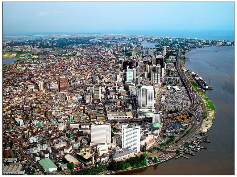 Aerial photograph of Lagos, Nigeria. Lagos is located in south west Nigeria on the Gulf of Guinea coast