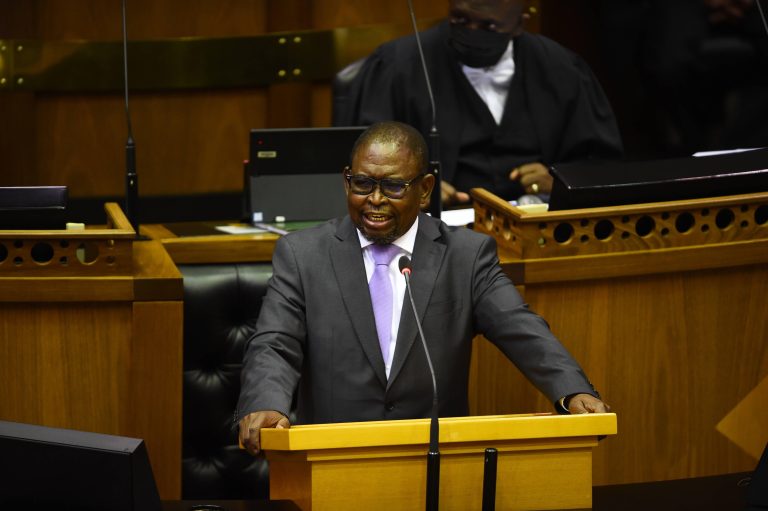 211111 -- CAPE TOWN, Nov. 11, 2021 -- South Africa s Minister of Finance Enoch Godongwana presents the Medium Term Budget Policy Statement MTBPS at the parliament in Cape Town, South Africa, on Nov. 11, 2021