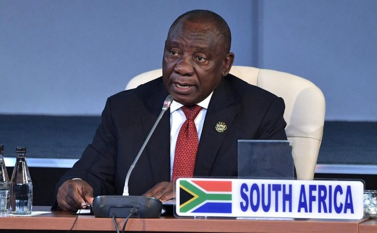 South African President Cyril Ramaphosa during an expanded format meeting on the second day of the BRICS Summit July 27, 2018 in Johannesburg, South Africa