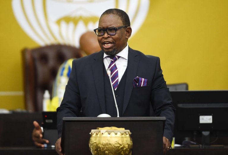 220223 -- CAPE TOWN, Feb. 23, 2022 -- South Africa s Minister of Finance Enoch Godongwana delivers the budget speech at the parliament in Cape Town, South Africa, on Feb. 23, 2022