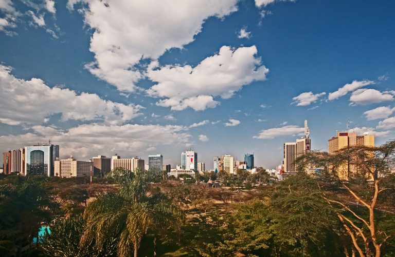 Panorama of Nairobi city skyline with high rise multi storey buildings seen from Nairobi Serena Hotel